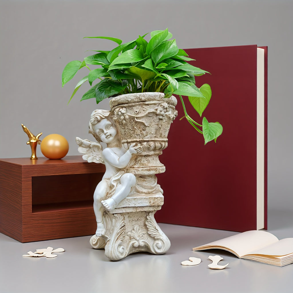Cache-pot ange en résine blanc effet pierre ancienne 19 cm