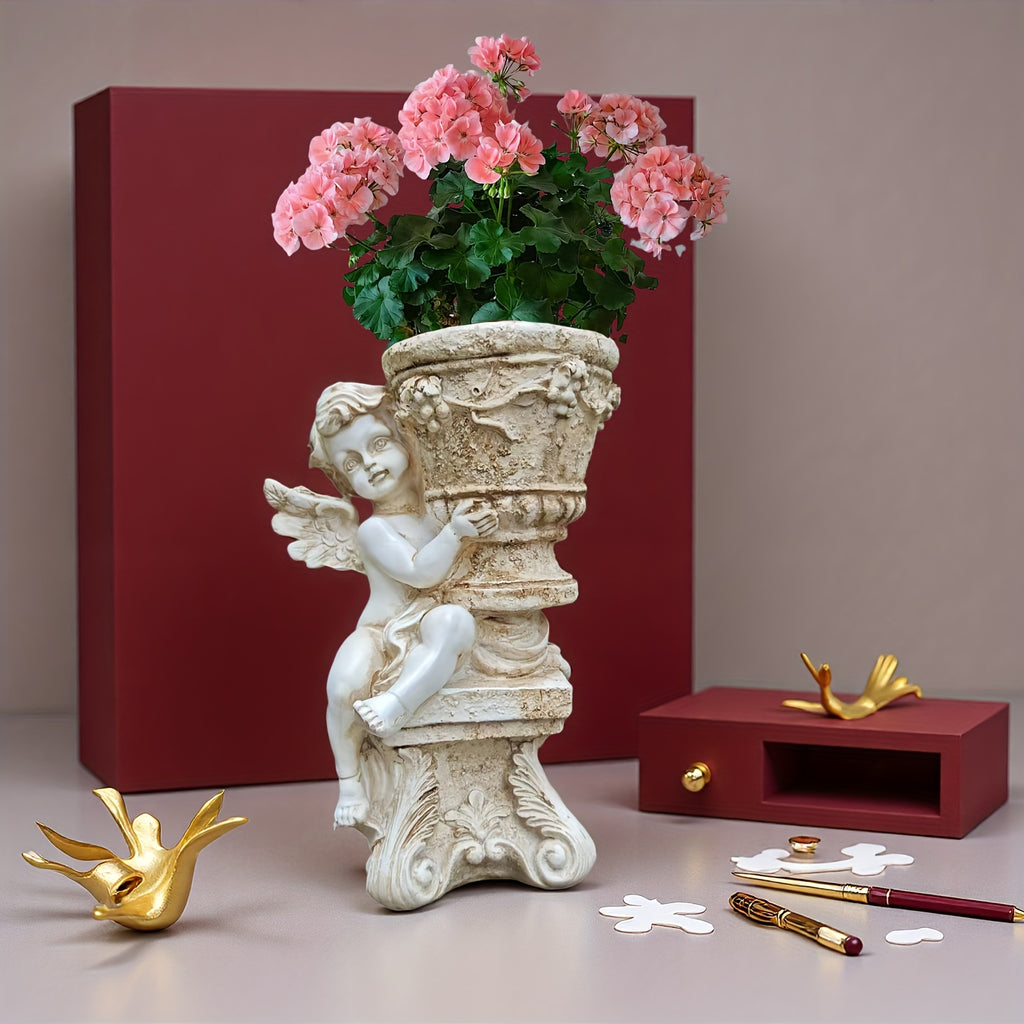 Cache-pot ange en résine blanc effet pierre ancienne 19 cm