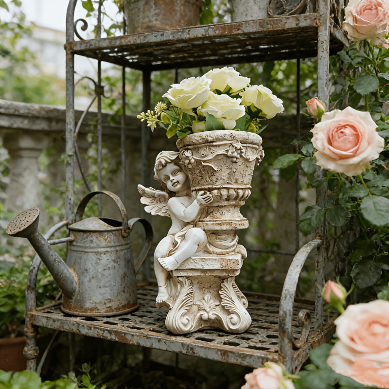 Cache-pot ange en résine blanc effet pierre ancienne 19 cm