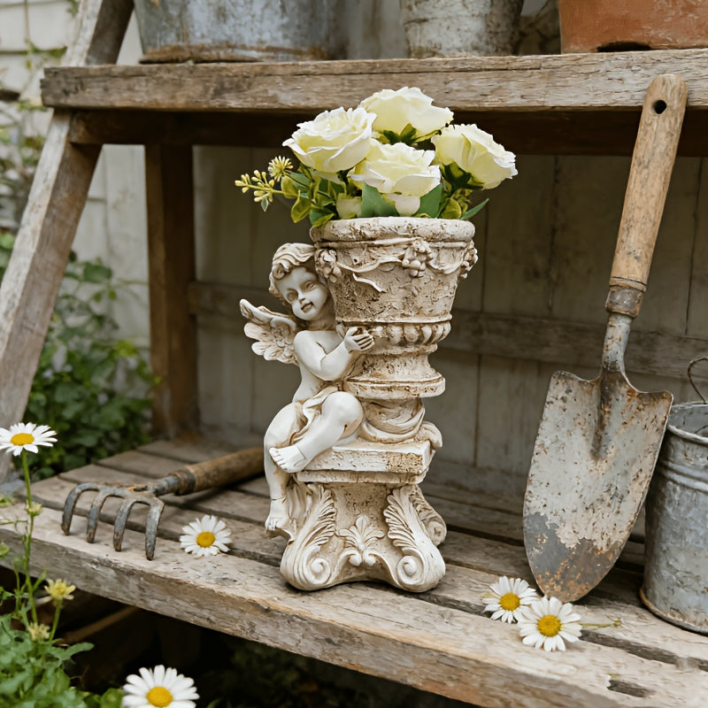 Cache-pot ange en résine blanc effet pierre ancienne 19 cm