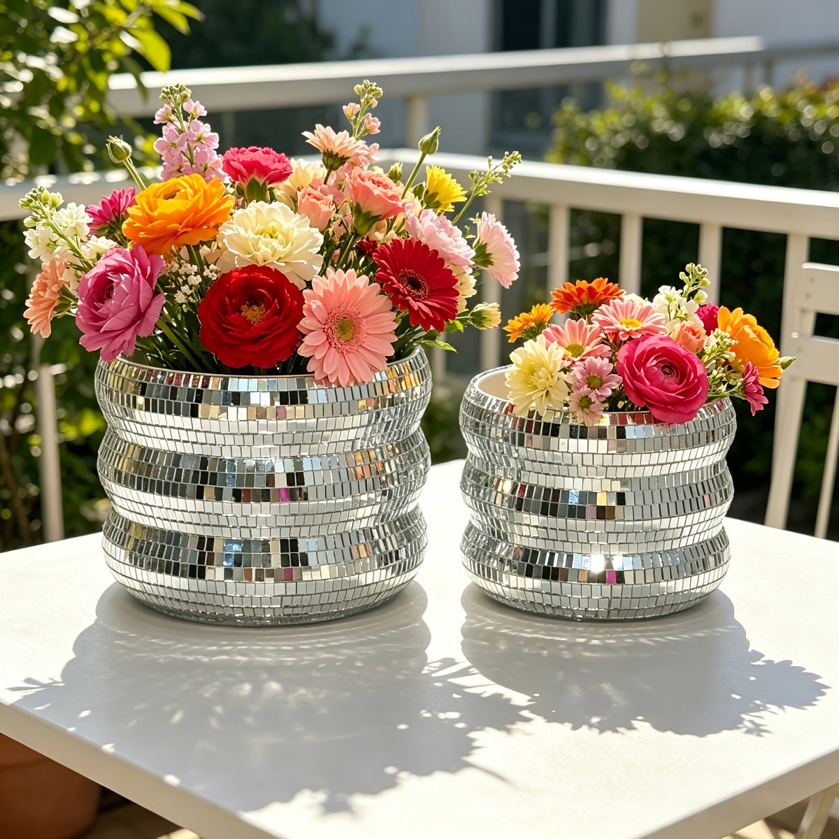 Cache-pot argenté en mosaïque miroir — lot de 2, effet disco