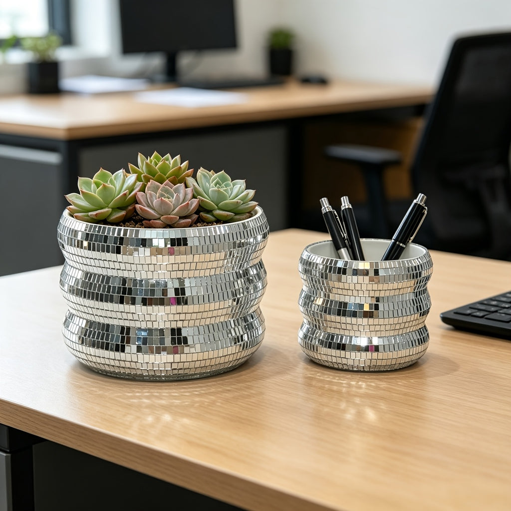 Cache-pot argenté en mosaïque miroir — lot de 2, effet disco