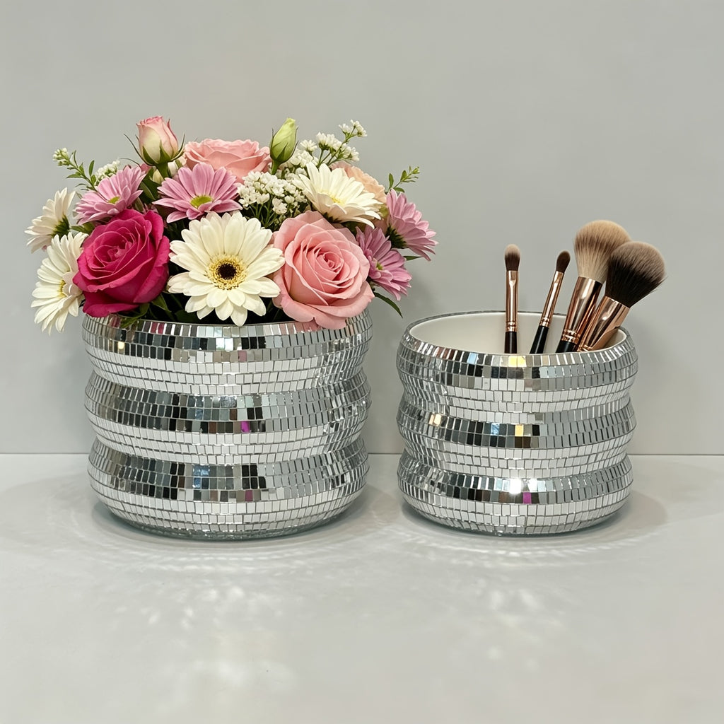 Cache-pot argenté en mosaïque miroir — lot de 2, effet disco