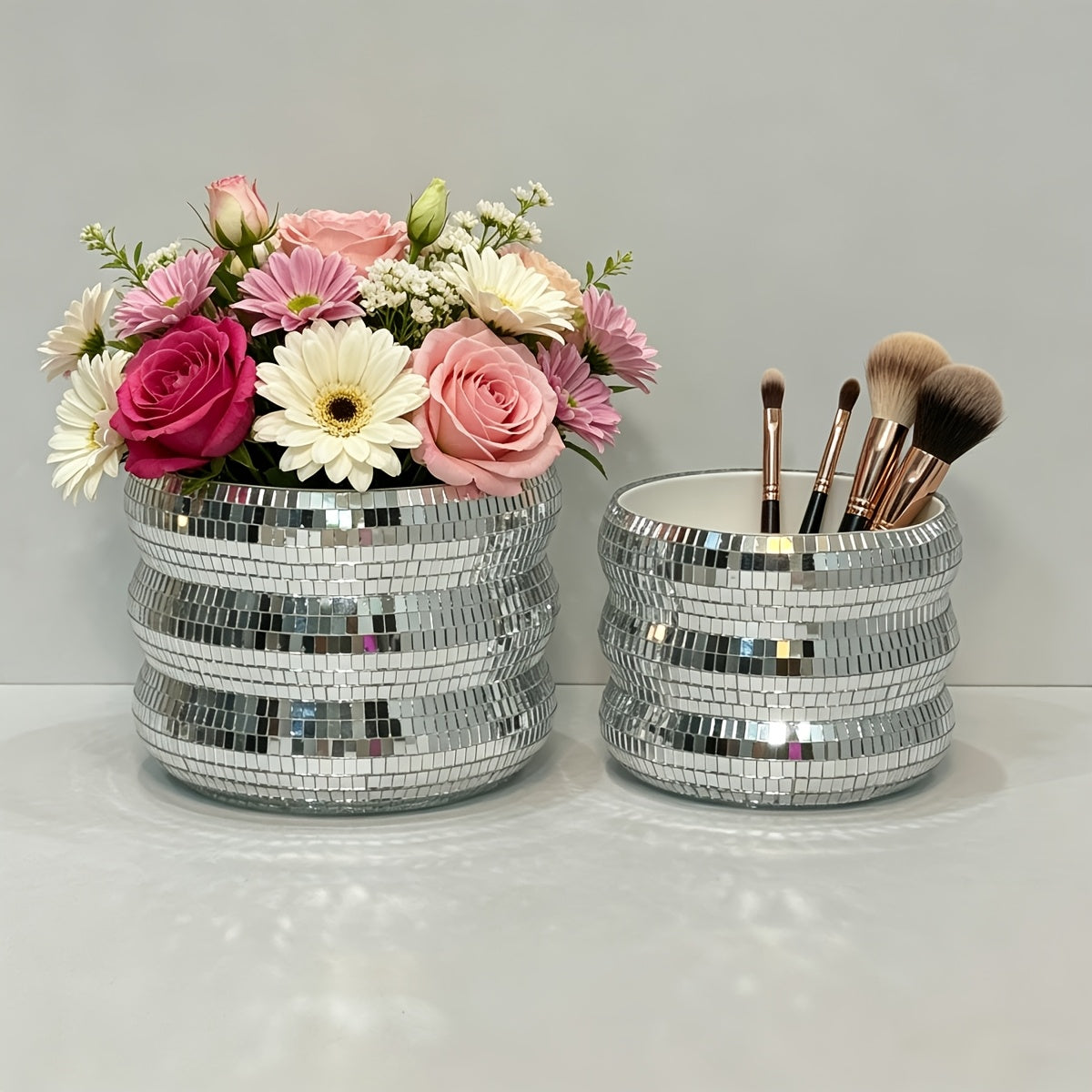 Cache-pot argenté en mosaïque miroir — lot de 2, effet disco
