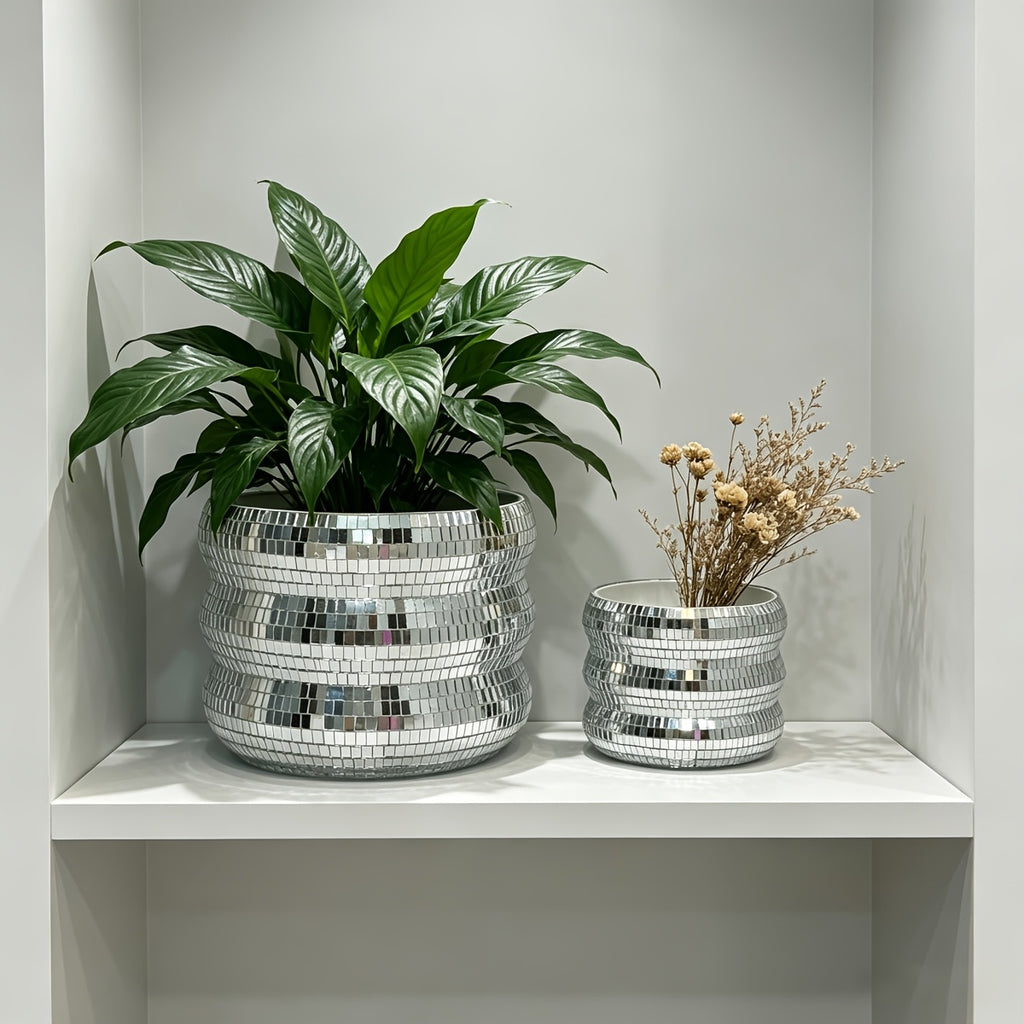 Cache-pot argenté en mosaïque miroir — lot de 2, effet disco