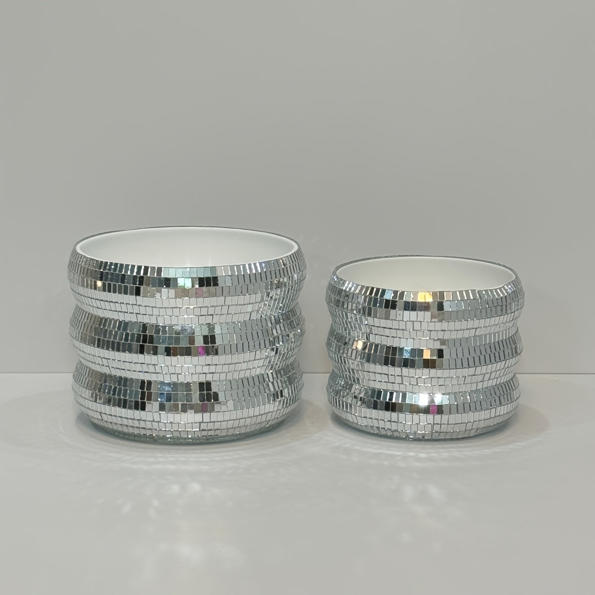 Cache-pot argenté en mosaïque miroir — lot de 2, effet disco