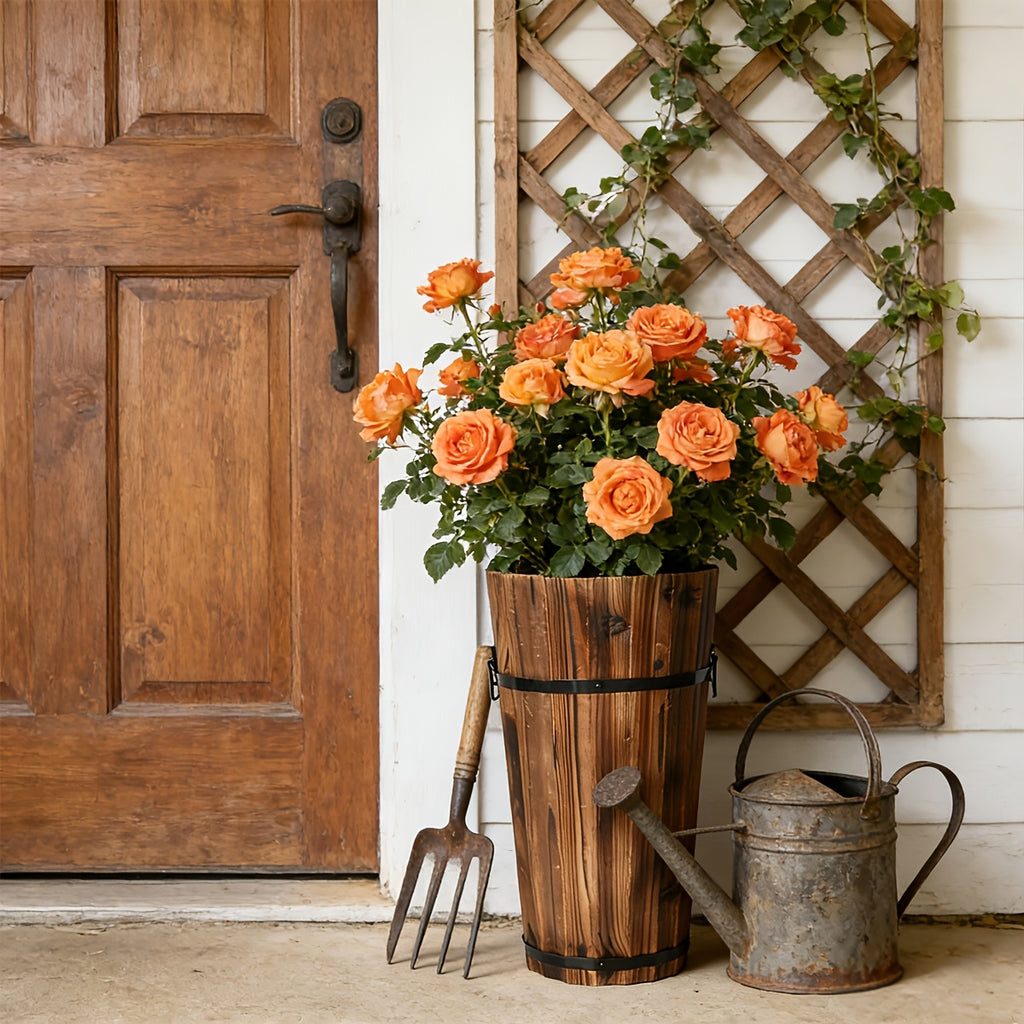 Cache-pot en bois haut Ø 25 cm — Seau vintage pour balcon