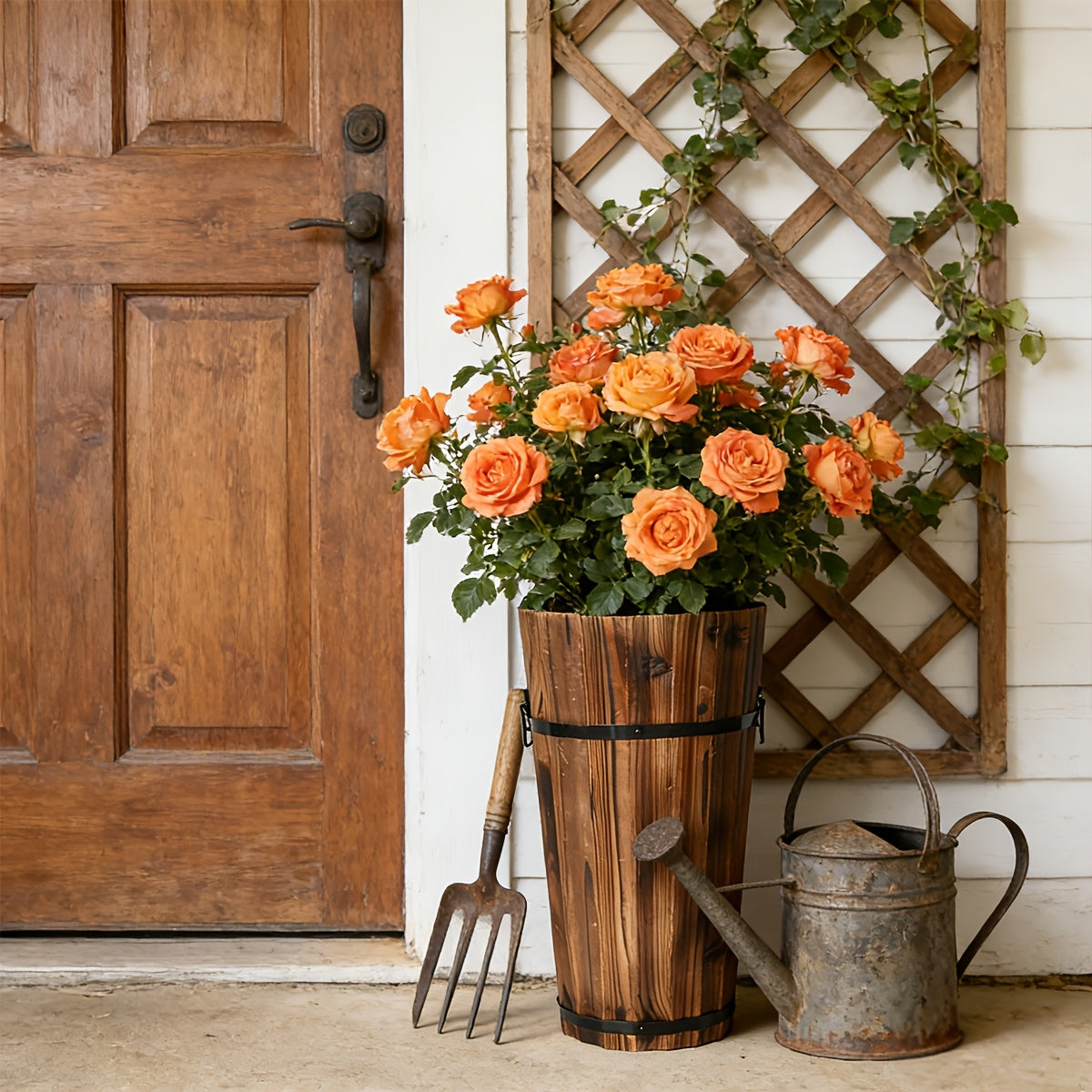 Cache-pot en bois haut Ø 25 cm — Seau vintage pour balcon