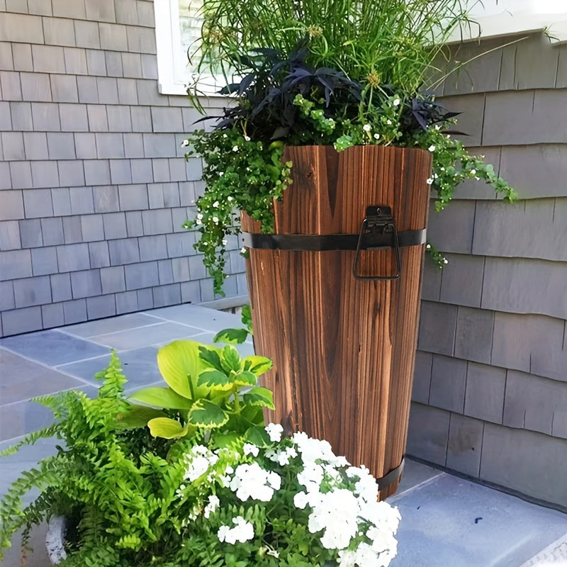 Cache-pot en bois haut Ø 25 cm — Seau vintage pour balcon
