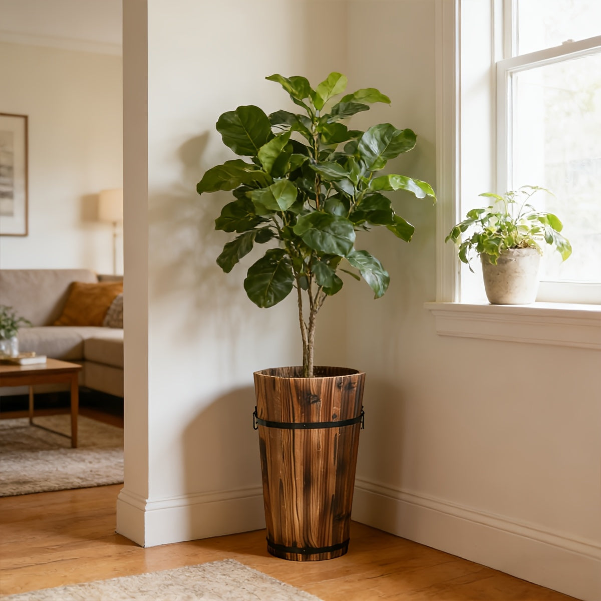 Cache-pot en bois haut Ø 25 cm — Seau vintage pour balcon