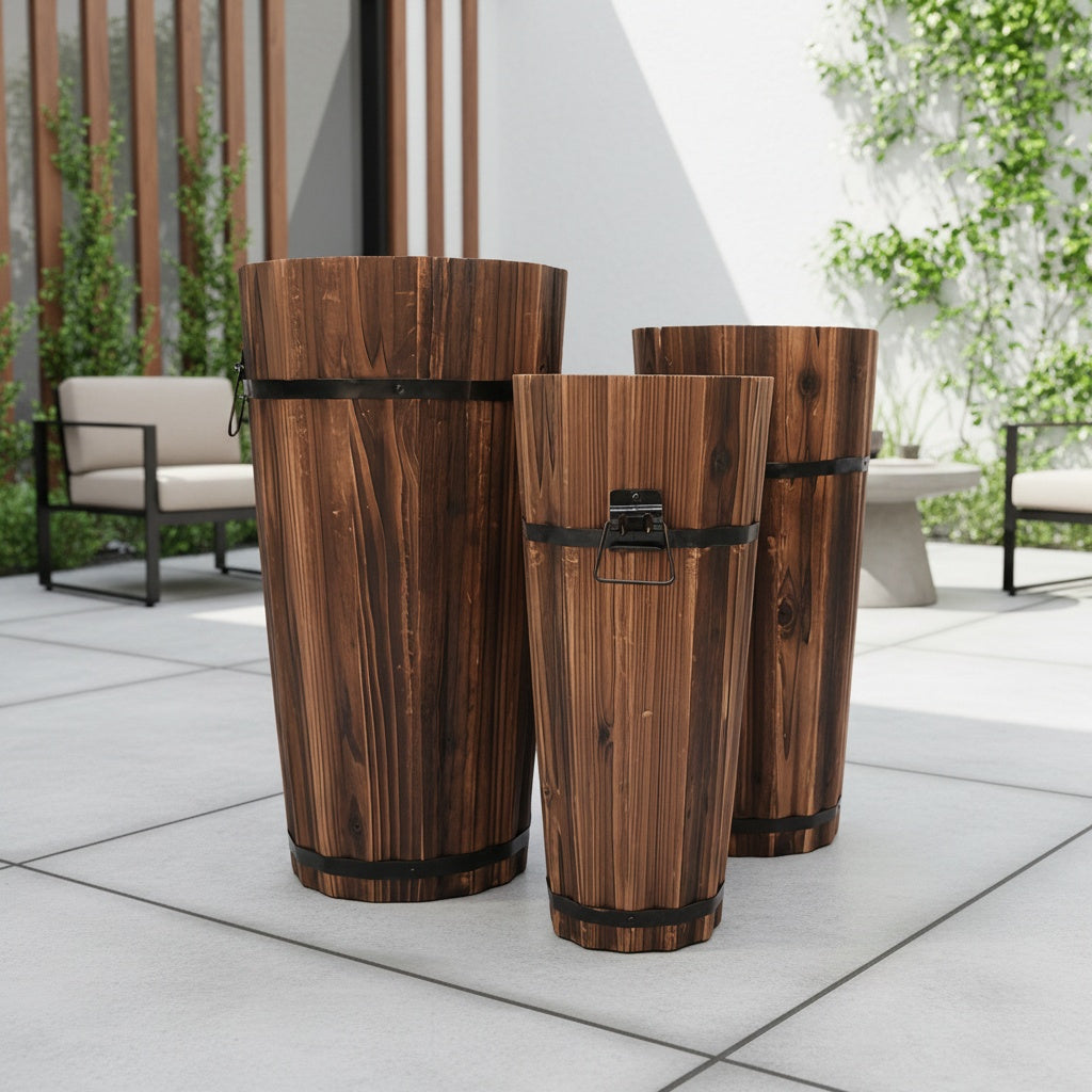 Cache-pot en bois haut Ø 25 cm — Seau vintage pour balcon