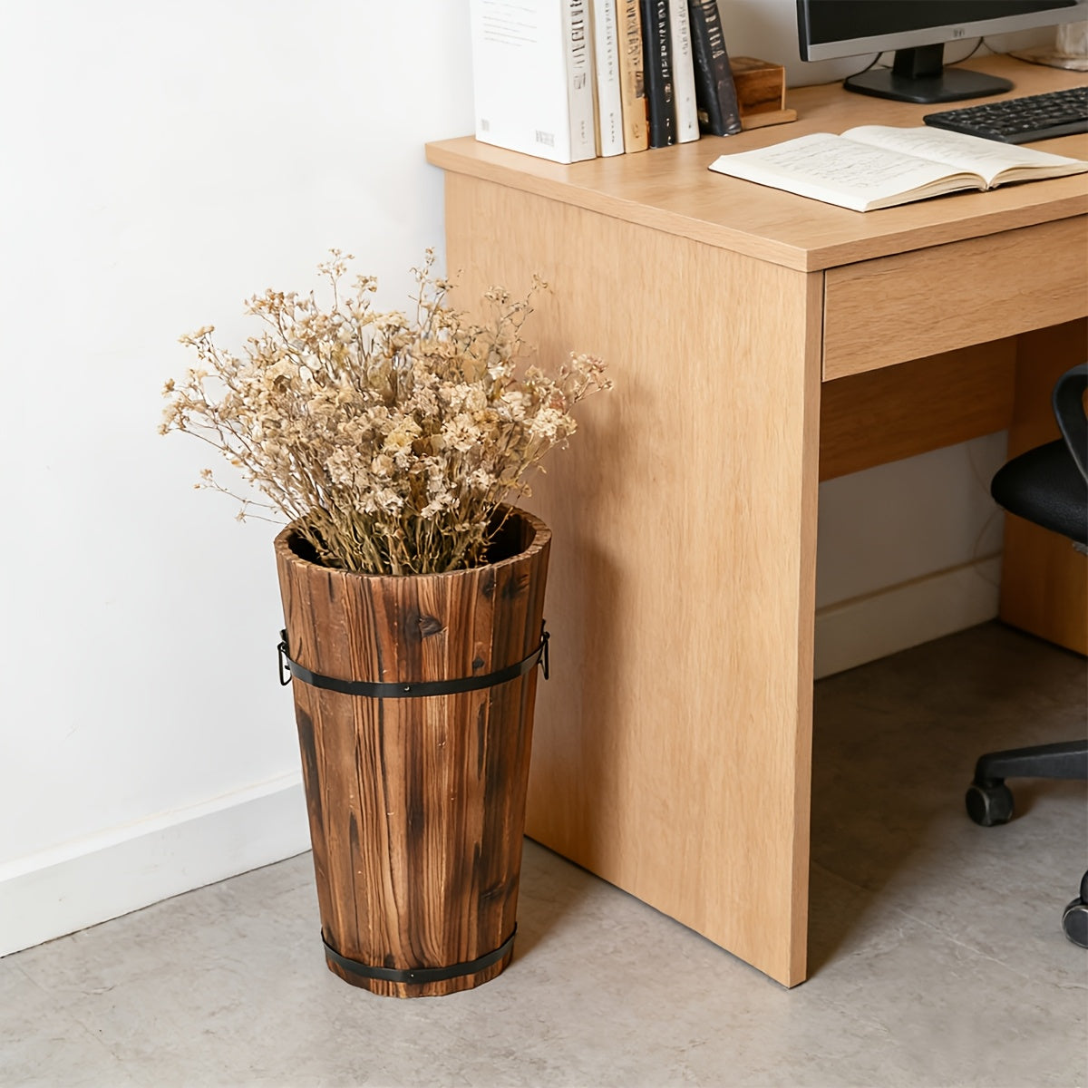 Cache-pot en bois haut Ø 25 cm — Seau vintage pour balcon