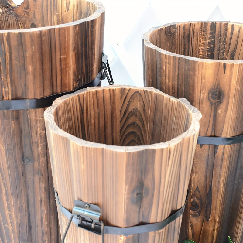 Cache-pot en bois haut Ø 25 cm — Seau vintage pour balcon