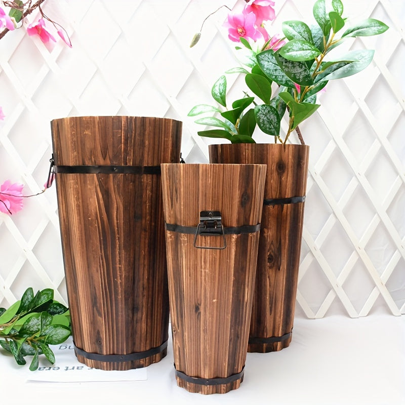 Cache-pot en bois haut Ø 25 cm — Seau vintage pour balcon