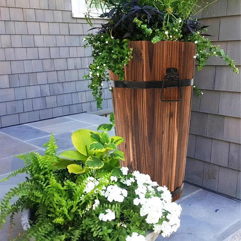 Cache-pot en bois haut Ø 25 cm — Seau vintage pour balcon