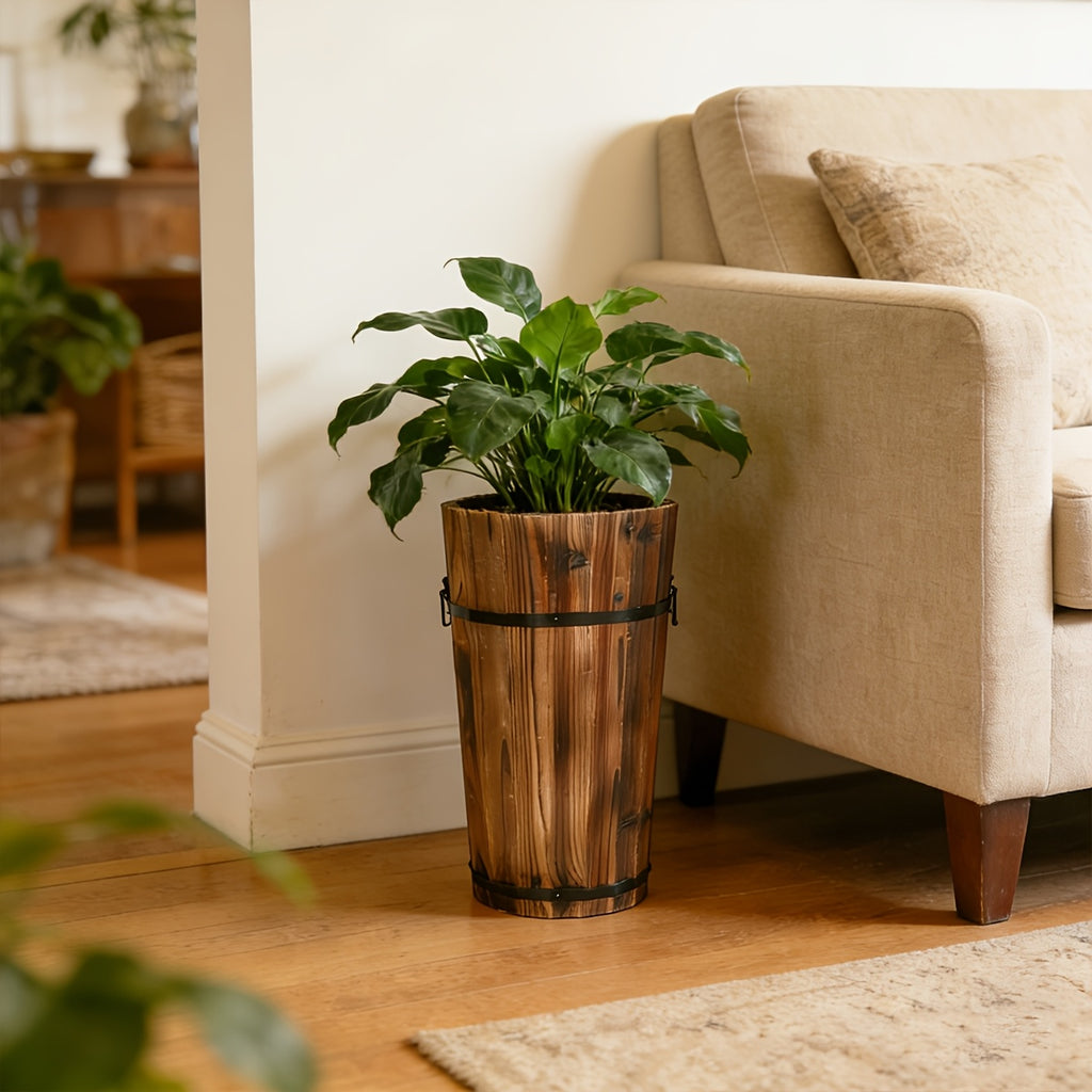 Cache-pot en bois haut Ø 25 cm — Seau vintage pour balcon