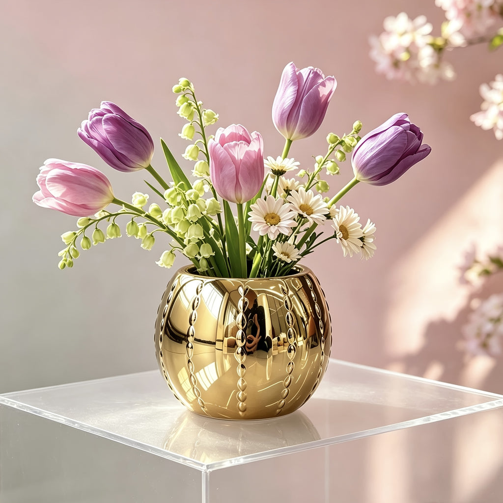 Cache-pot boule en céramique perlée Ø 13 cm — Doré ou argenté