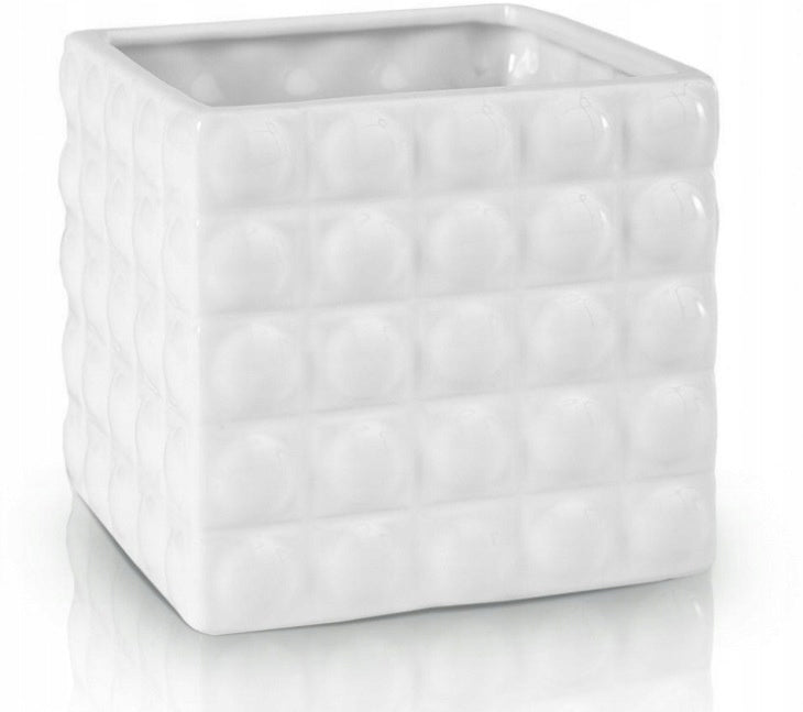 Cache-pot carré en céramique blanche 13x13 cm, relief perlé