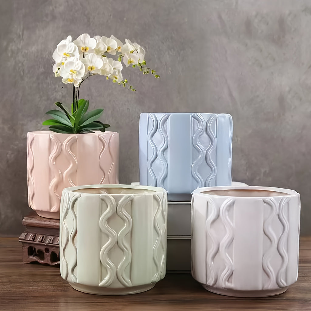 Cache-pot en céramique Ø 11 cm blanc ou crème, relief ondulé