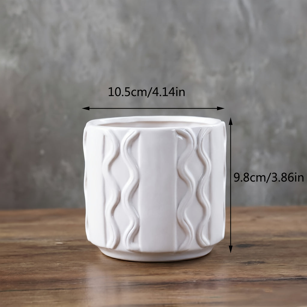 Cache-pot en céramique Ø 11 cm blanc ou crème, relief ondulé