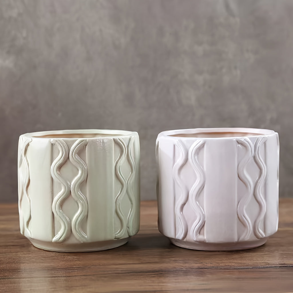 Cache-pot en céramique Ø 11 cm blanc ou crème, relief ondulé