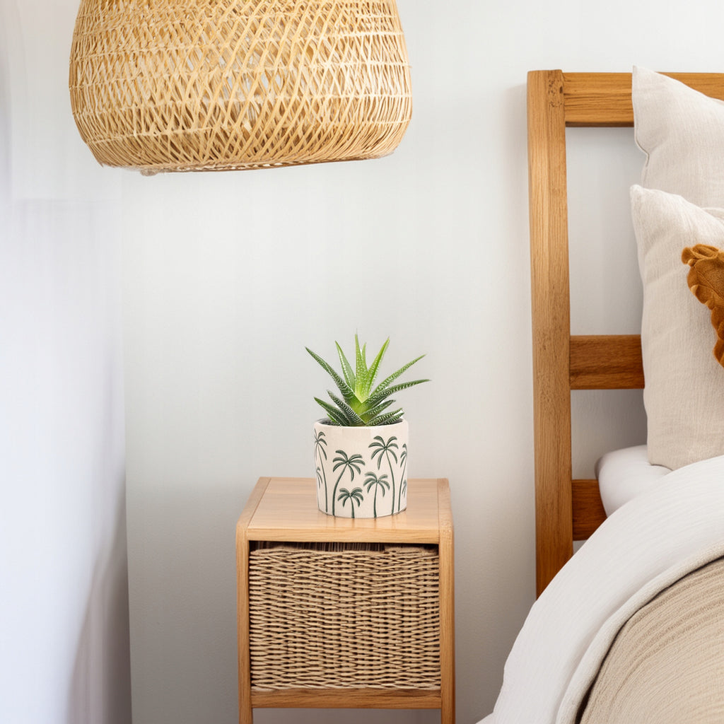 Cache-pot en céramique Ø 12 cm beige à motif palmier tropical