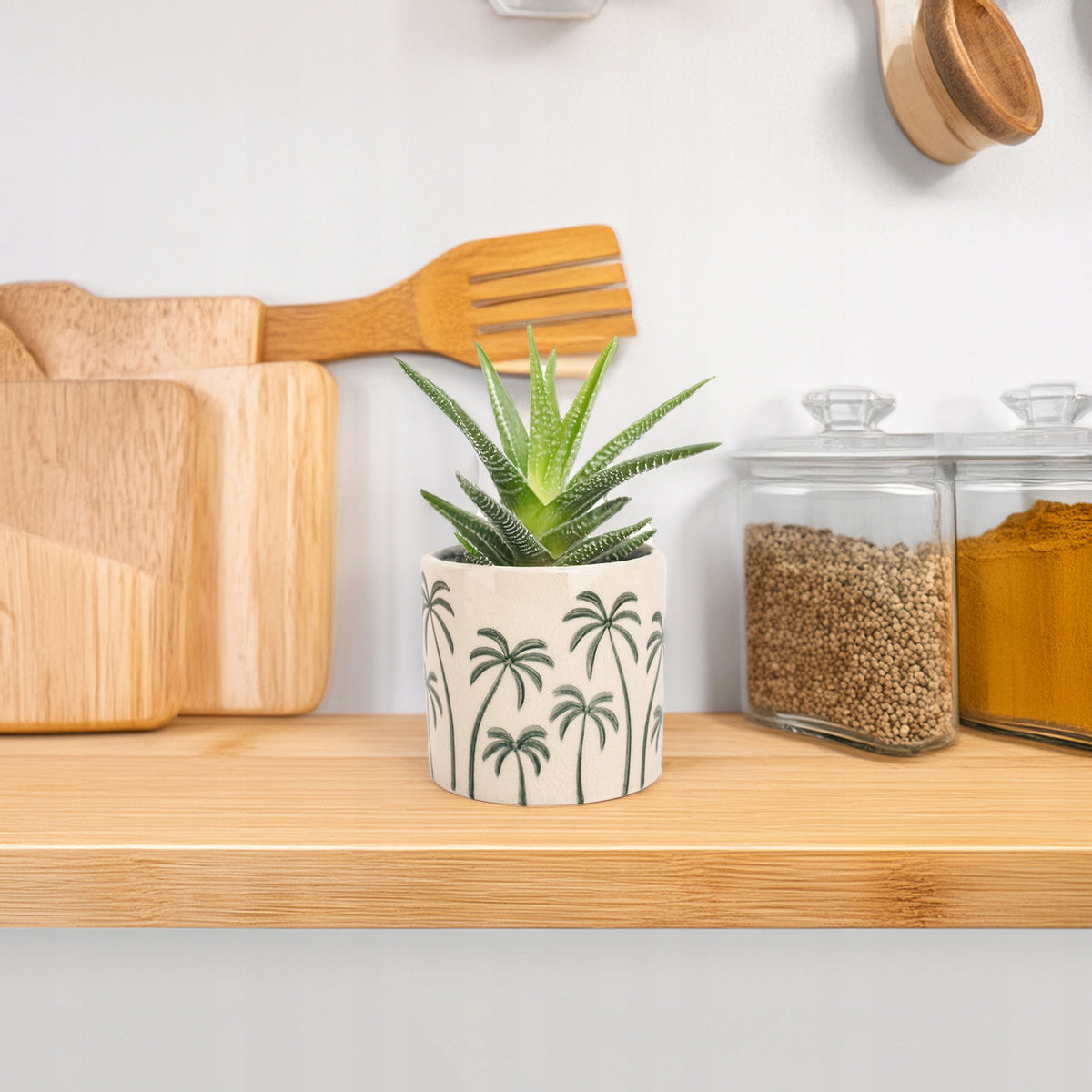 Cache-pot en céramique Ø 12 cm beige à motif palmier tropical