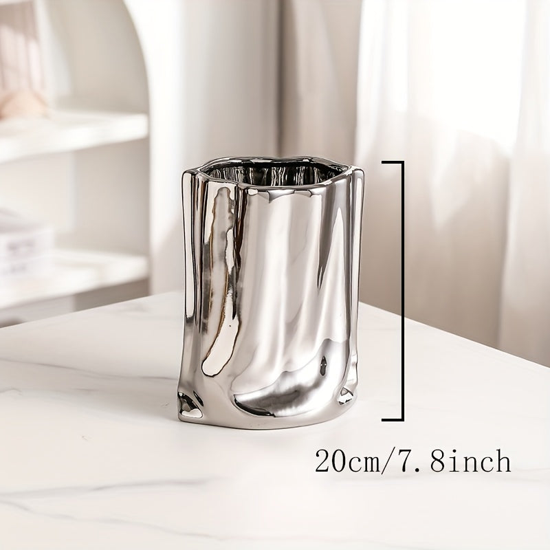 Cache-pot en céramique argentée effet froissé pour intérieur