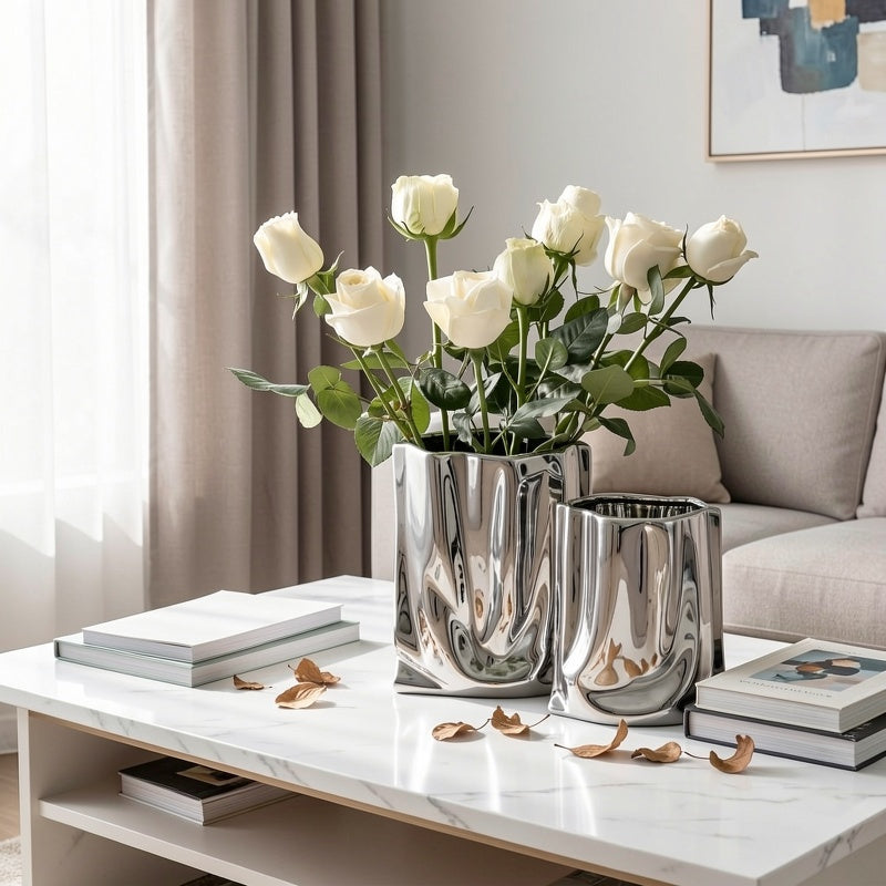 Cache-pot en céramique argentée effet froissé pour intérieur
