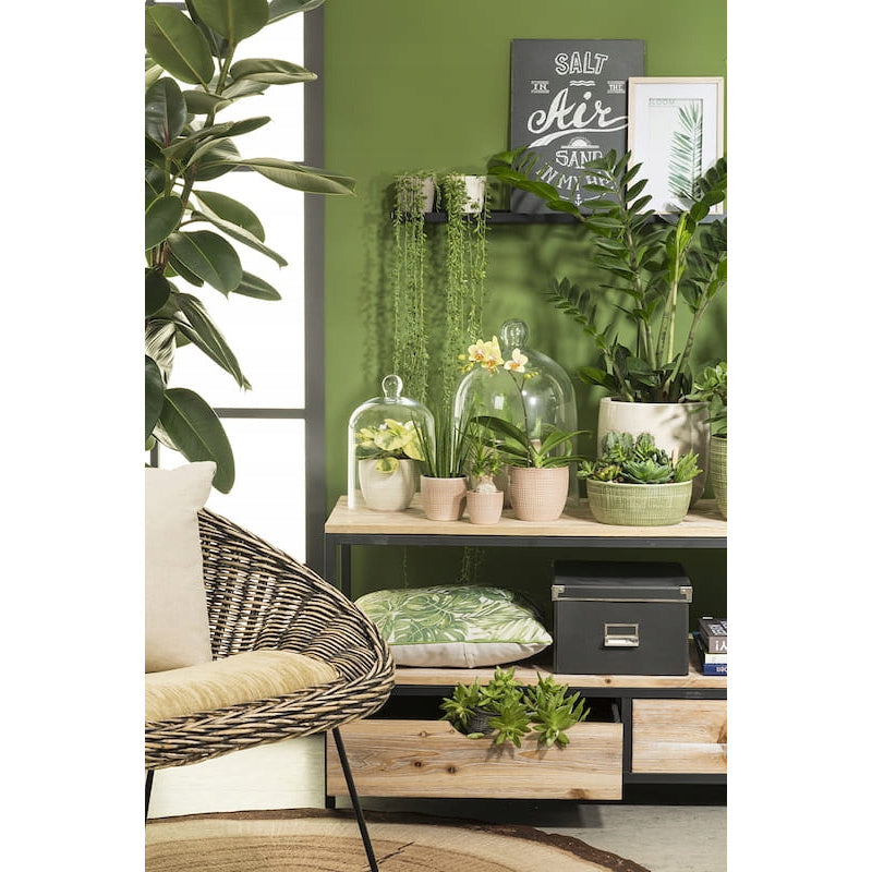 Cache-pot en céramique beige Ø 14 cm — Motif quadrillé mat