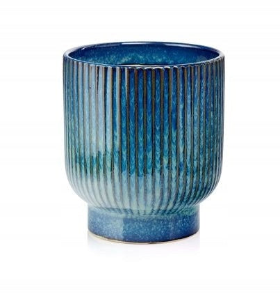 Cache-pot en céramique bleue cannelée H 24 cm pour intérieur