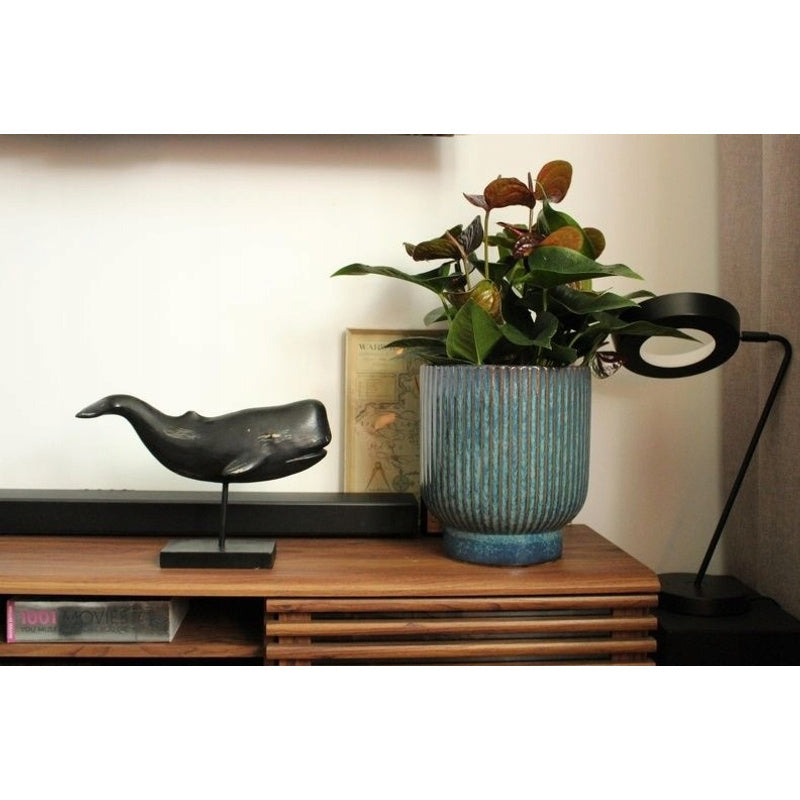 Cache-pot en céramique bleue cannelée H 24 cm pour intérieur