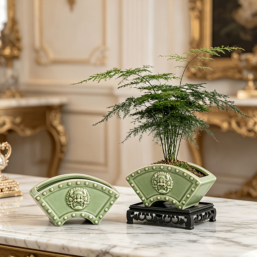 Cache-pot céramique céladon en éventail - lot de 2 pièces