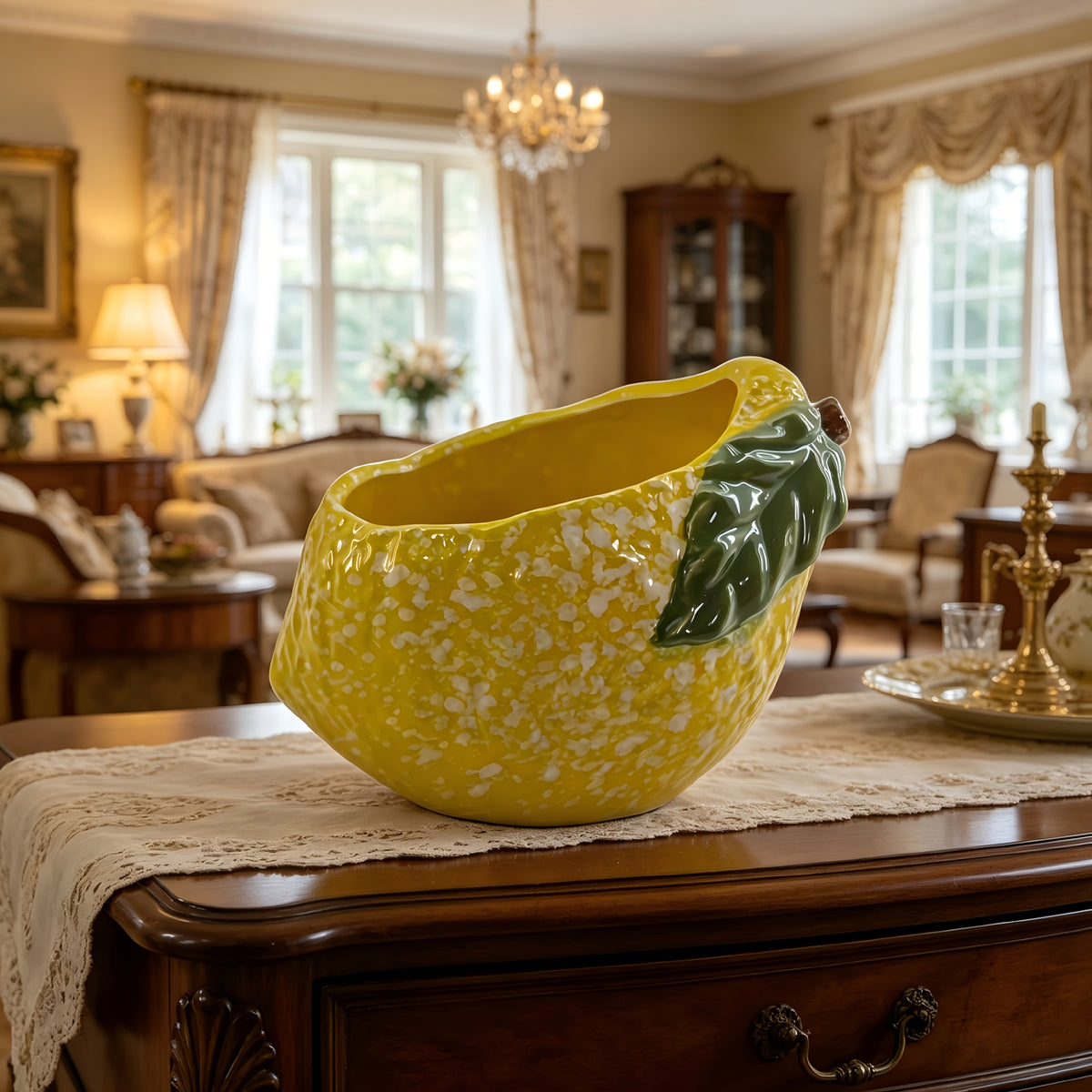 Cache-pot céramique demi-citron jaune 16 cm pour intérieur