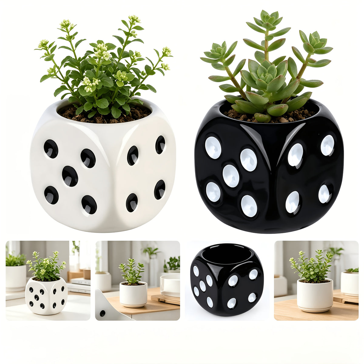 Cache-pot en céramique forme de dé — lot de 4, noir et blanc