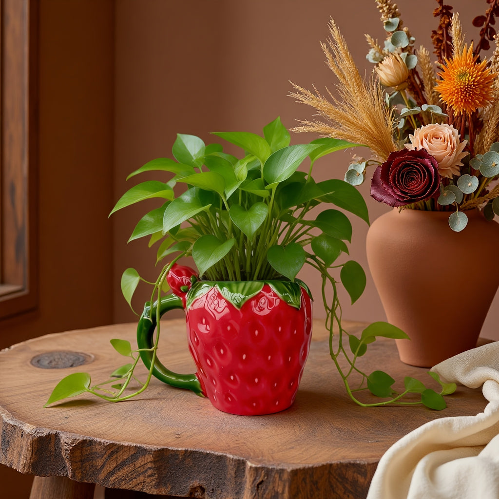 Cache-pot céramique fraise rouge 13 cm pour plante d'intérieur