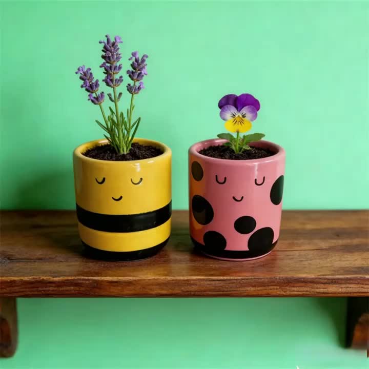 Cache-pot en céramique lot de 2 — abeille et coccinelle 7 cm