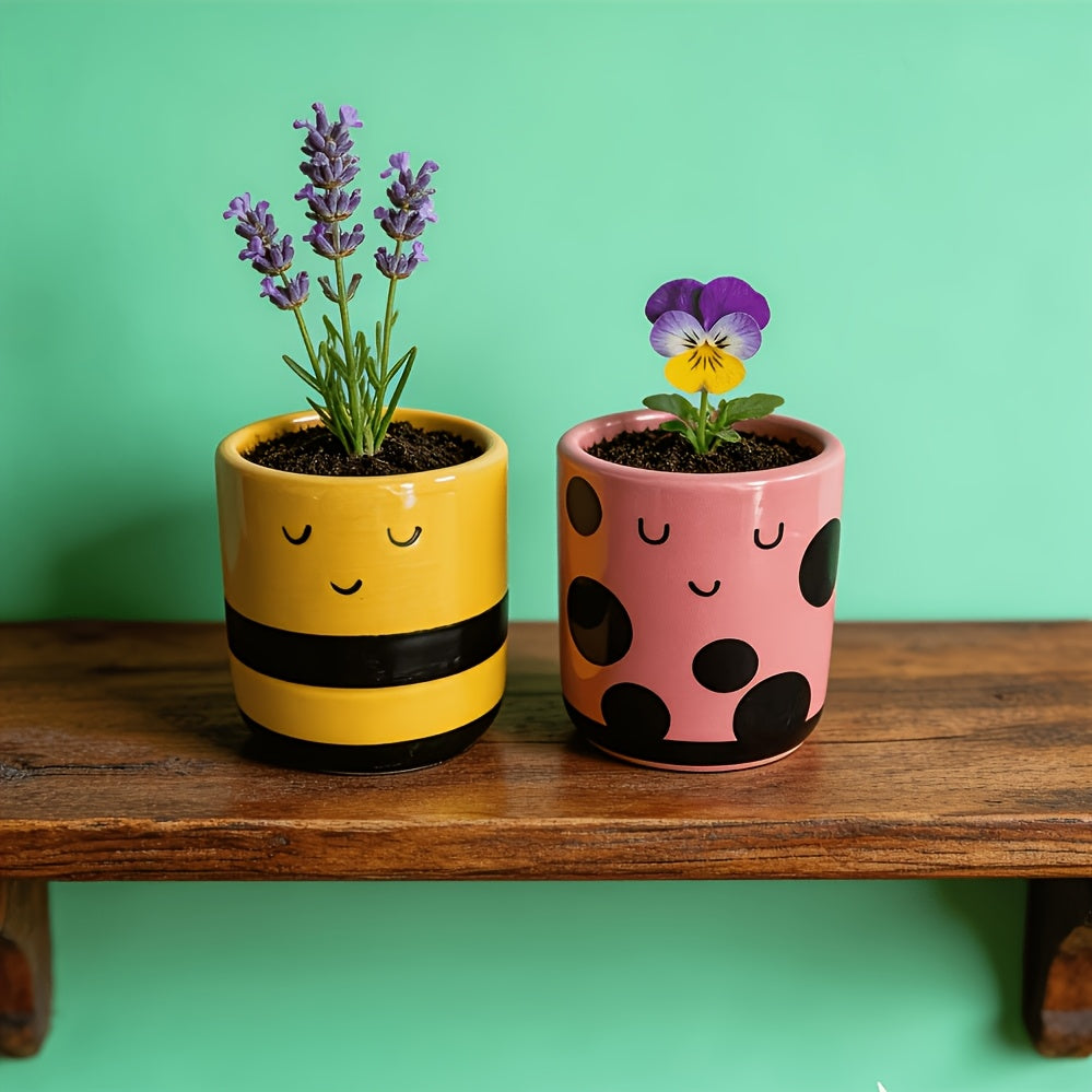 Cache-pot en céramique lot de 2 — abeille et coccinelle 7 cm