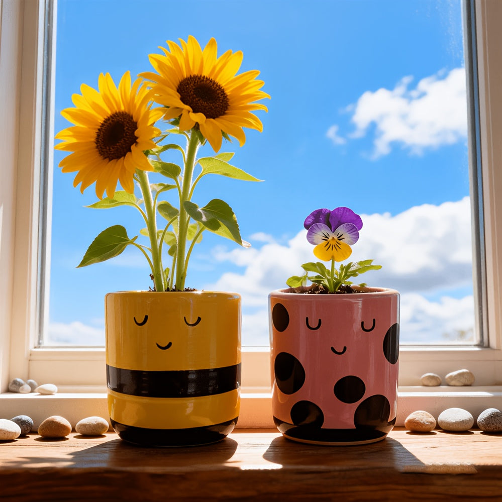 Cache-pot en céramique lot de 2 — abeille et coccinelle 7 cm