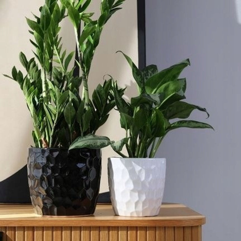 Cache-pot en céramique noire Ø 17 cm, facettes brillantes