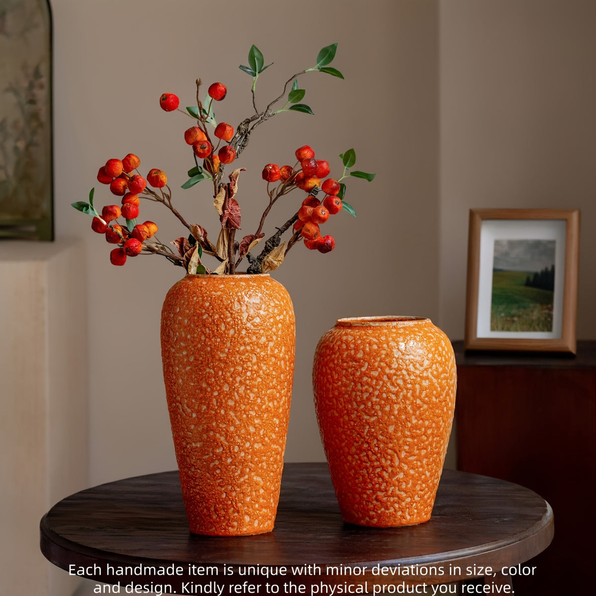Cache-pot en céramique orange à glaçure mouchetée — H 32 cm