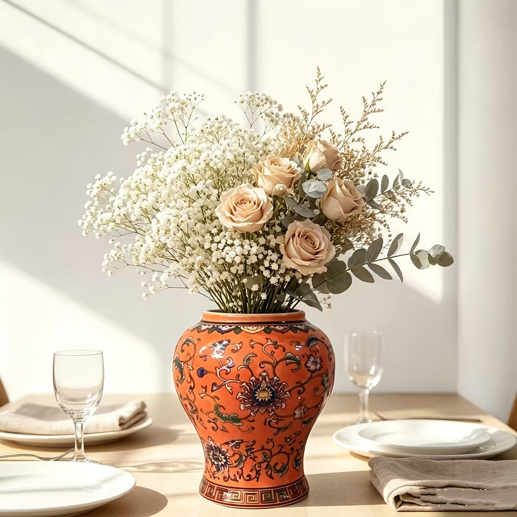 Cache-pot en céramique orange peint main Ø 13 cm — 2 motifs