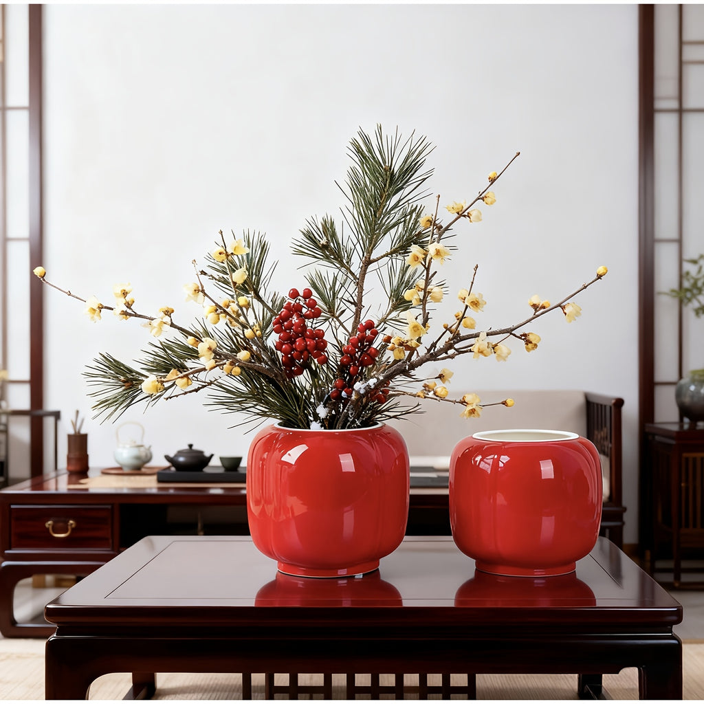 Cache-pot céramique rouge brillant Ø 17 cm forme lanterne