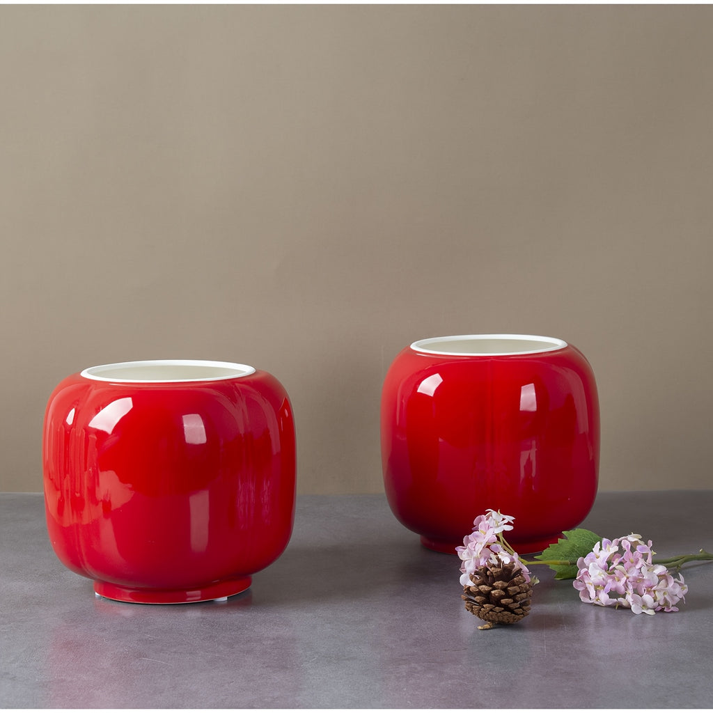 Cache-pot céramique rouge brillant Ø 17 cm forme lanterne