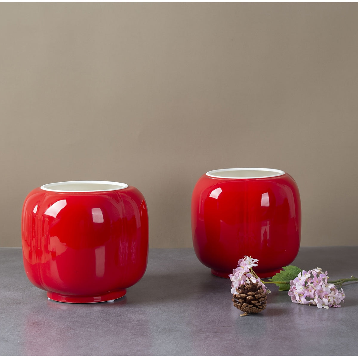 Cache-pot céramique rouge brillant Ø 17 cm forme lanterne