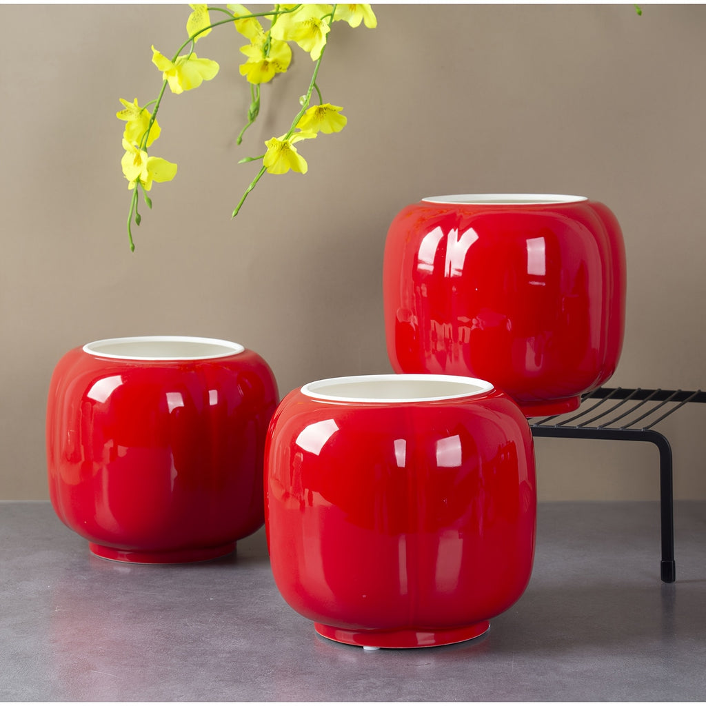 Cache-pot céramique rouge brillant Ø 17 cm forme lanterne
