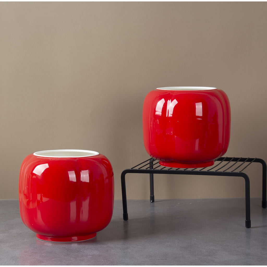 Cache-pot céramique rouge brillant Ø 17 cm forme lanterne