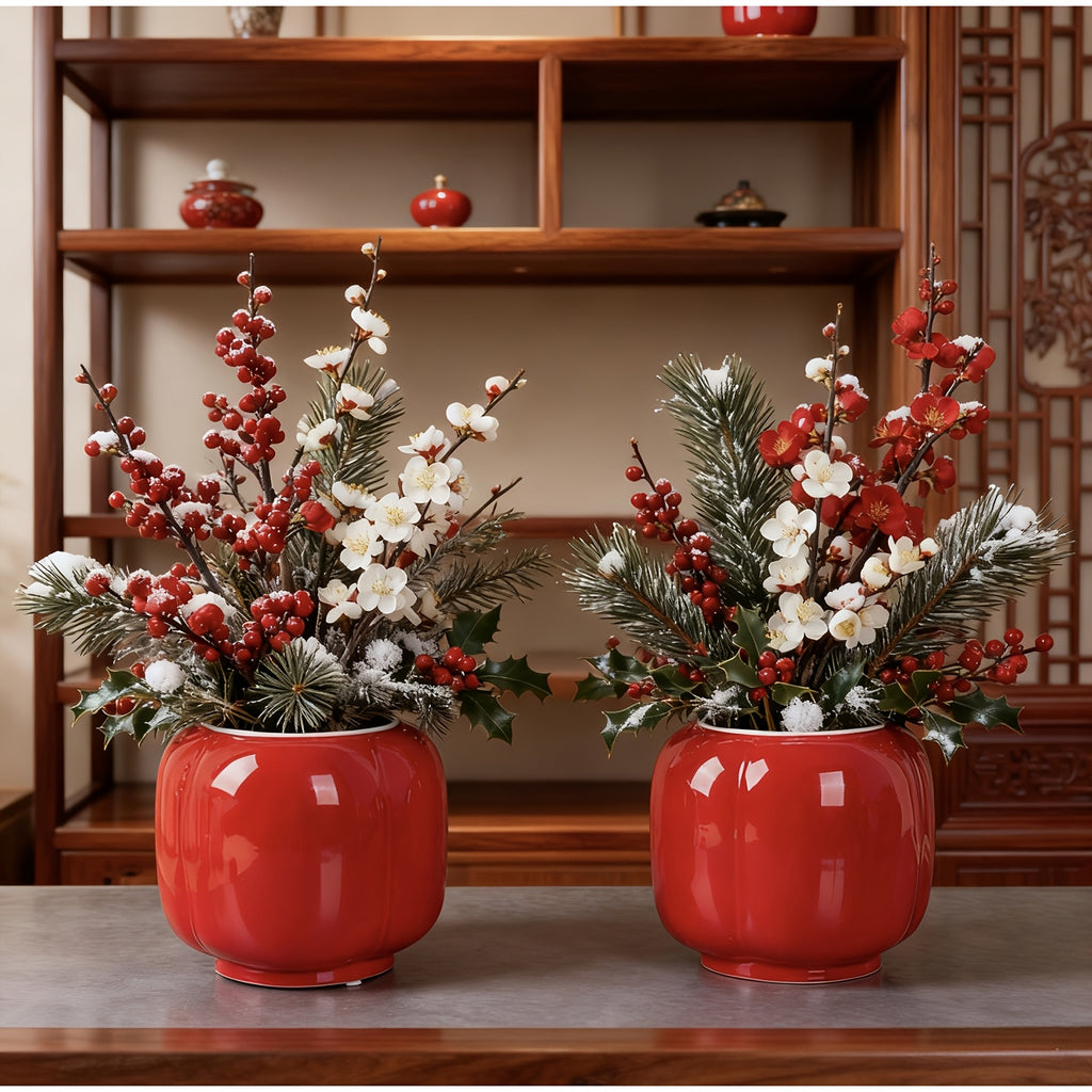 Cache-pot céramique rouge brillant Ø 17 cm forme lanterne