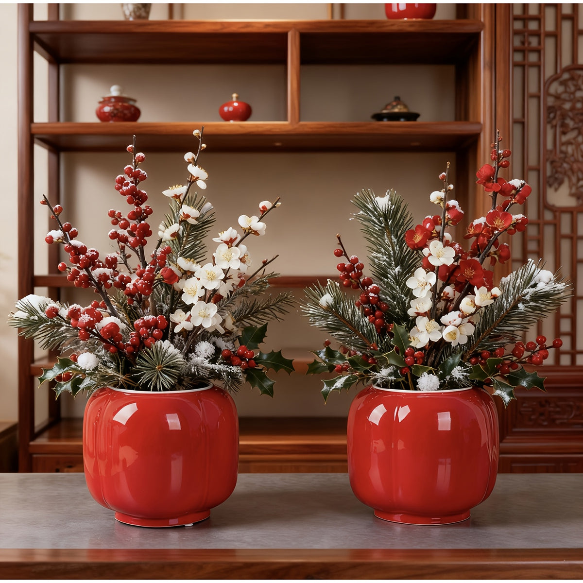 Cache-pot céramique rouge brillant Ø 17 cm forme lanterne