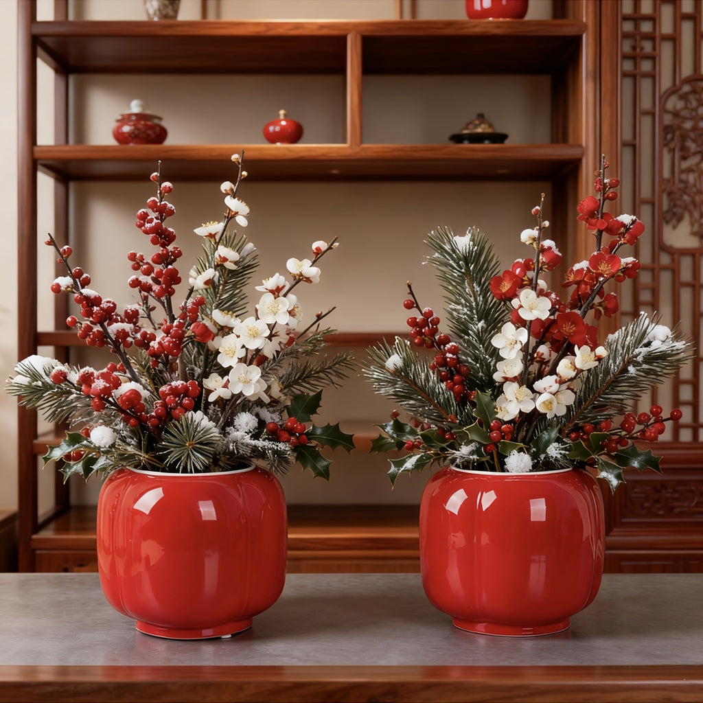 Cache-pot céramique rouge brillant Ø 17 cm forme lanterne